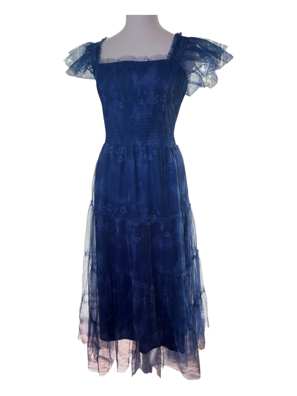 NWT XL Baltic Born Navy Blue Tulle Midi Dress with Flutter Sleeves